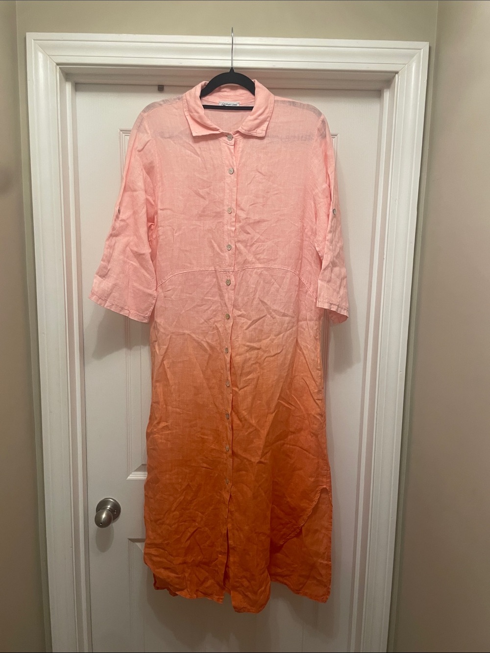 European linen pink and orange button down maxi dress 100% Italian linen